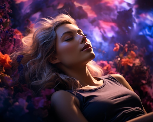 beautiful woman sleeping in a field of flowers