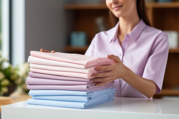 Beautiful woman smelling clean laundry after folding in living room at home Generative AI