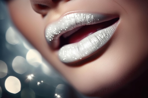 Beautiful Woman smile glitter lipps closeup withe teeth on abstract background with blurred lights illustration generative ai