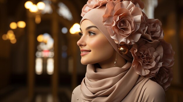 A beautiful woman smiles adorned with a headscarf and flowers in her hair