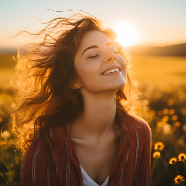 A beautiful woman smiles happily against the background of a field Generative AI