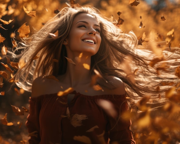 beautiful woman smiling in autumn leaves