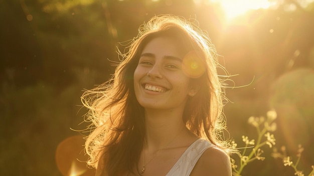 A beautiful woman smiling in the soft sunlight AI Generative