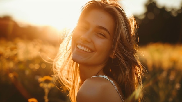 A beautiful woman smiling in the soft sunlight AI Generative