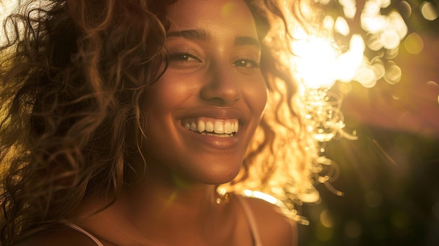 A beautiful woman smiling in the soft sunlight AI Generative