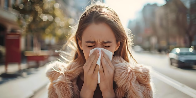 Beautiful woman sneezes into tissue on street due to seasonal allergies Concept Seasonal Allergies Woman Street Tissue Sneezing