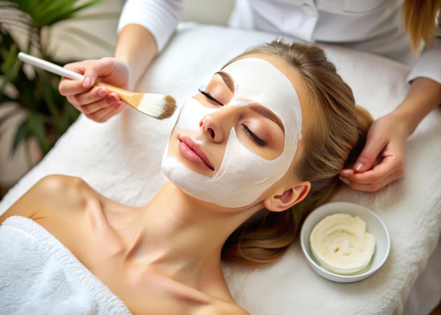 Beautiful woman in spa salon getting facial mask Beauty treatment