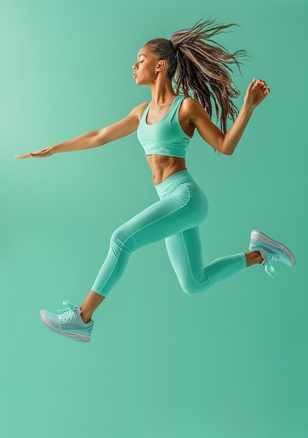 Photo a beautiful woman in sportswear jumping and running against a solid color background