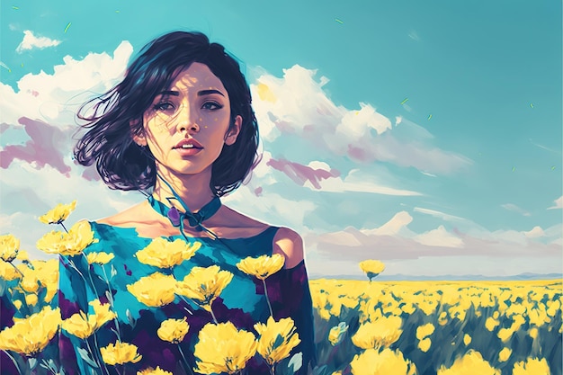 Beautiful woman standing in the flower field on a summer day digital art style illustration painting fantasy illustration of a cute girl standing in a meadow