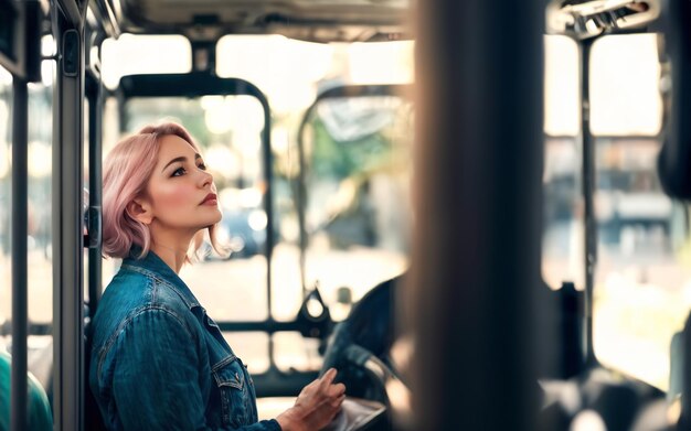 Photo beautiful woman standing inside public bus transport generative ai