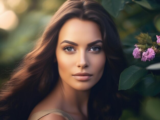 A beautiful woman staring confidently at the camera surrounded by nature