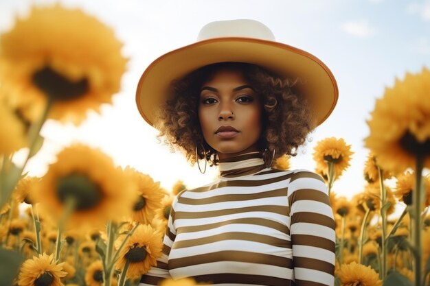 Beautiful woman in a straw hat standing in a sunflower field