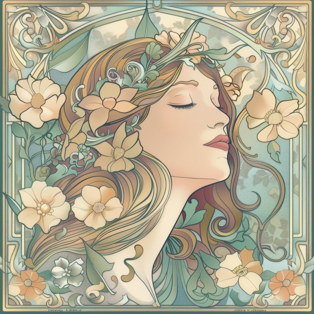 A beautiful woman in the style of Art Nouveau with flowing hair and floral accents She is framed i