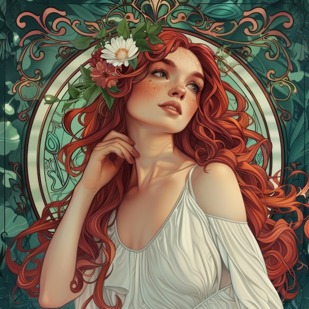 A beautiful woman surrounded by flowers in the style of Art Nouveau with an elegant and intricate b