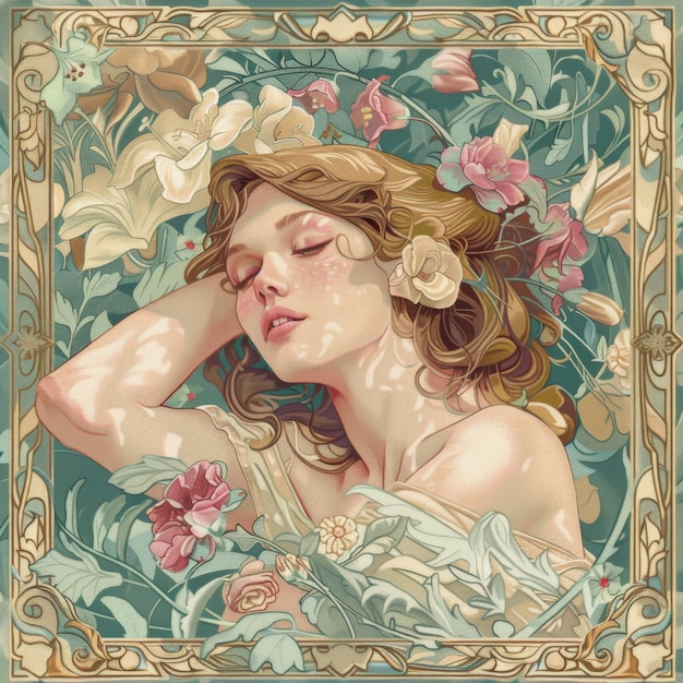 A beautiful woman surrounded flowers in the style of Art Nouveauwith light teal and beige tones