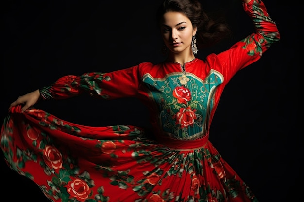 Beautiful woman in traditional red dress celebrating nowruz with a lively dance during festive event