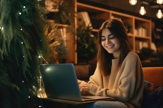 Beautiful woman using laptop at cafe AI Generative