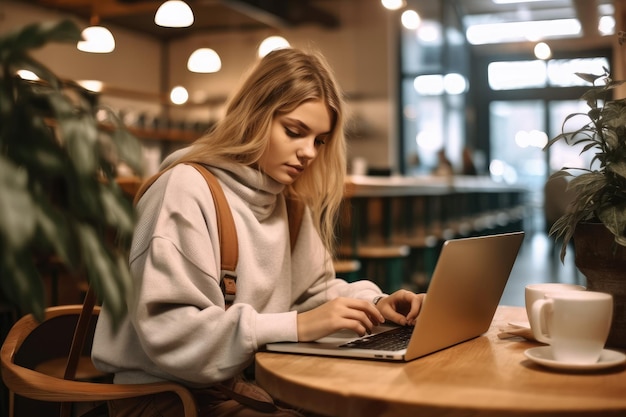 Beautiful woman using laptop at cafe AI Generative