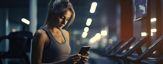 Beautiful woman using a smartphone during fitness exercise or workout Gym technology concept copy space for text