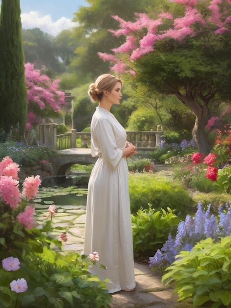 A beautiful woman walks in a serene and peaceful garden