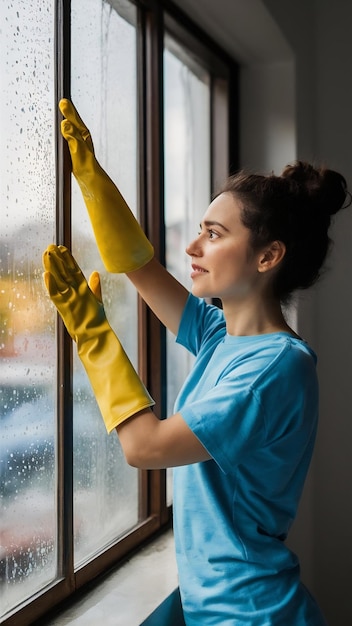 Beautiful woman washing window in rubber gloves