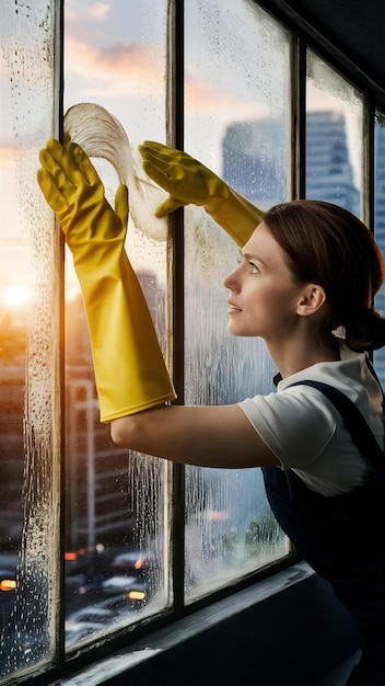 Beautiful woman washing window in rubber gloves