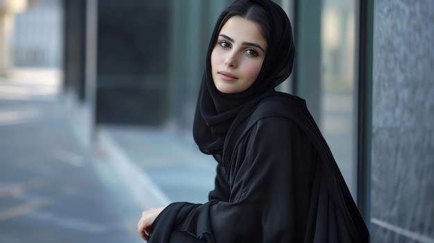 Photo a beautiful woman wearing a black hijab stands confidently