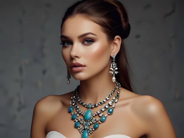 Beautiful woman wearing clothes and modern jewelry haute couture