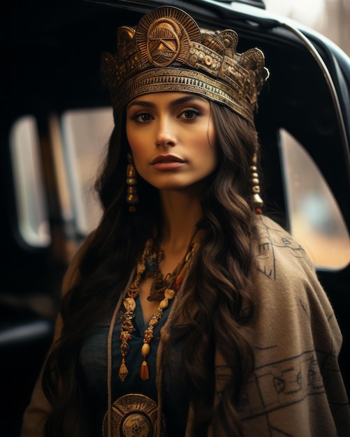 A beautiful woman wearing a crown in the back of a car