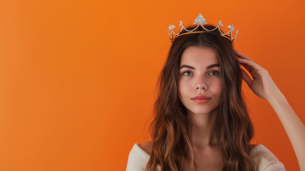 Photo beautiful woman wearing a crown isolated on orange background