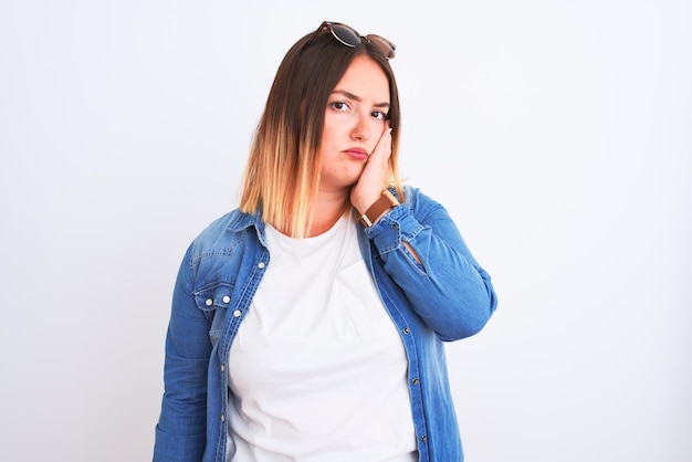 Beautiful woman wearing denim shirt standing over isolated white background thinking looking tired and bored with depression problems with crossed arms