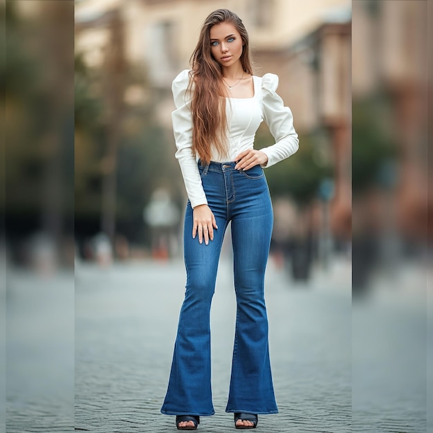 Photo a beautiful woman wearing flared jeans with a puffsleeve blouse