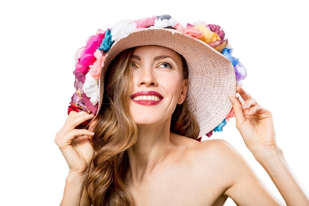 Beautiful woman wearing floral hat