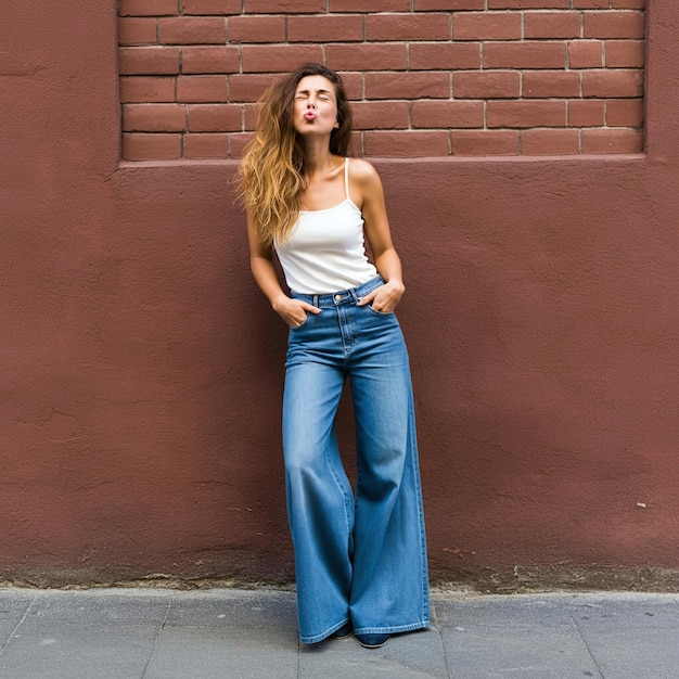 beautiful woman wearing HighWaisted WideLeg Trousers