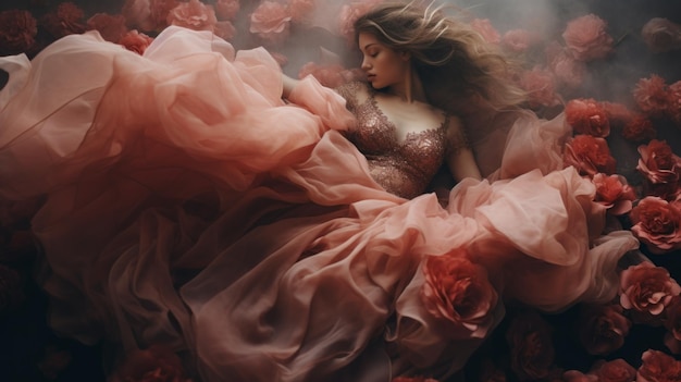 A beautiful woman wearing a long pink dress lies on flowers top view