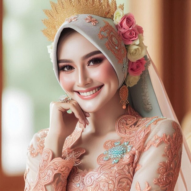 A beautiful woman wearing traditional Indonesian clothing smiling sweetly and full of warmth