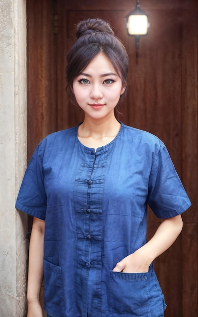 Beautiful woman wearing Traditional Thai blue shirt with short sleeves Morhom generative AI