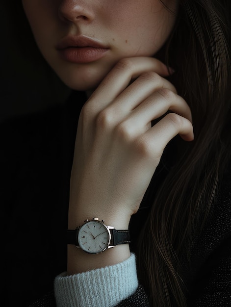 A beautiful woman wearing watch in hand close up advertising