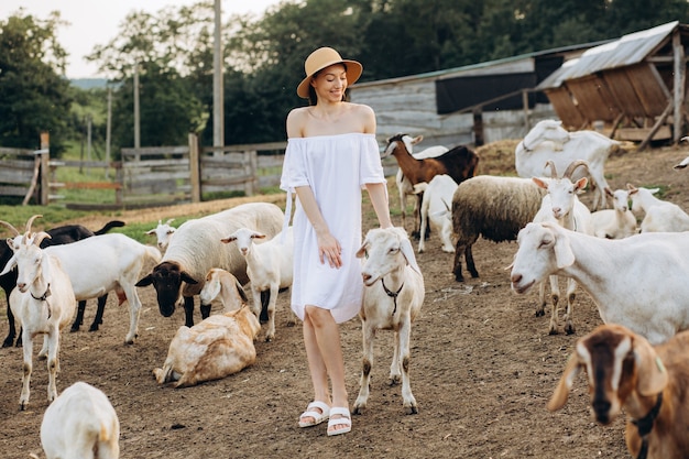 Beautiful woman and white dress and in a beige hat among goats on an eco farm