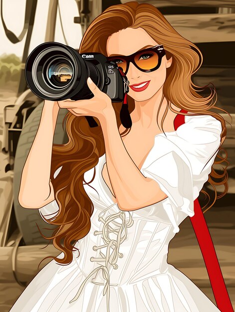 Photo beautiful woman in a white dress taking a picture with a dslr camera