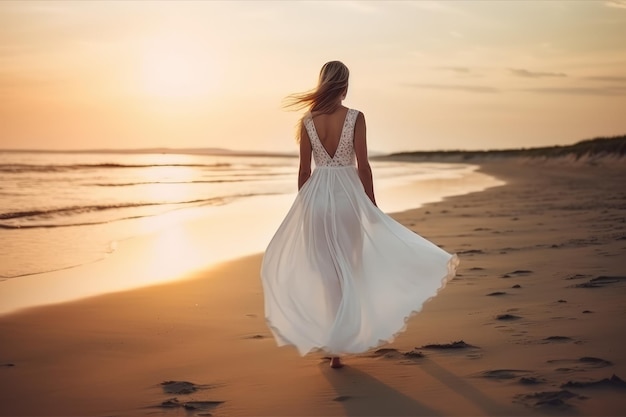 Beautiful woman in white dress walking on the beach at sunset