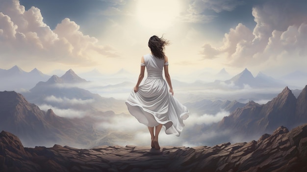 Beautiful woman in white looking at nature mountains