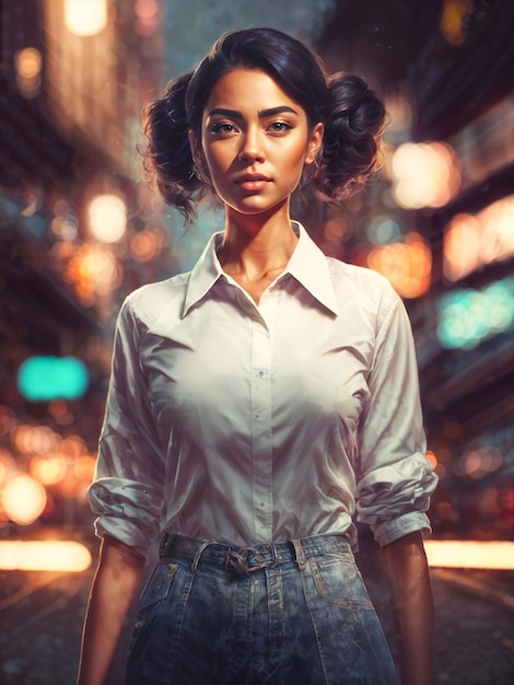 Beautiful woman in white shirt at night street generative AI