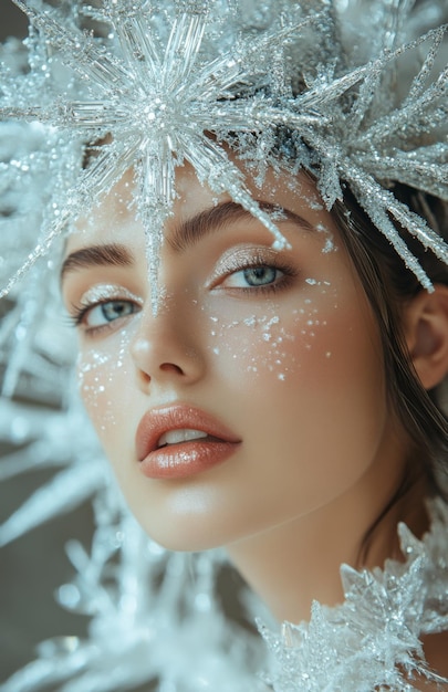 Photo beautiful woman in white and silver snowflake costume featuring large crystal starshaped headpiece