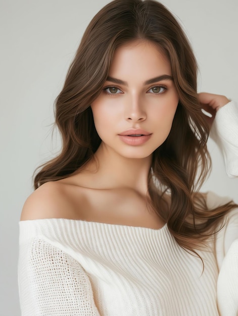 A beautiful woman in a white sweater