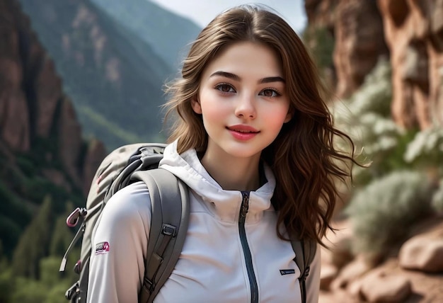 a beautiful woman with a backpack and a mountain behind her