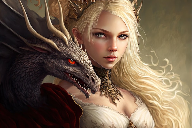 Beautiful woman with blond hair and her dragon pet fantasy creature Generative Ai Generative AI