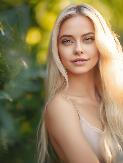 Beautiful woman with blond hair looking at camera surrounded by nature