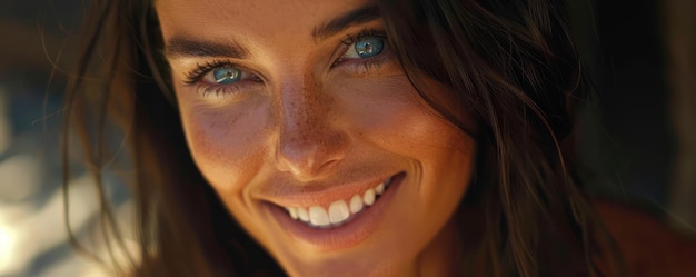 Beautiful Woman with Blue Eyes Smiles Confidently in a Relaxed Pose Radiating SelfAssurance and