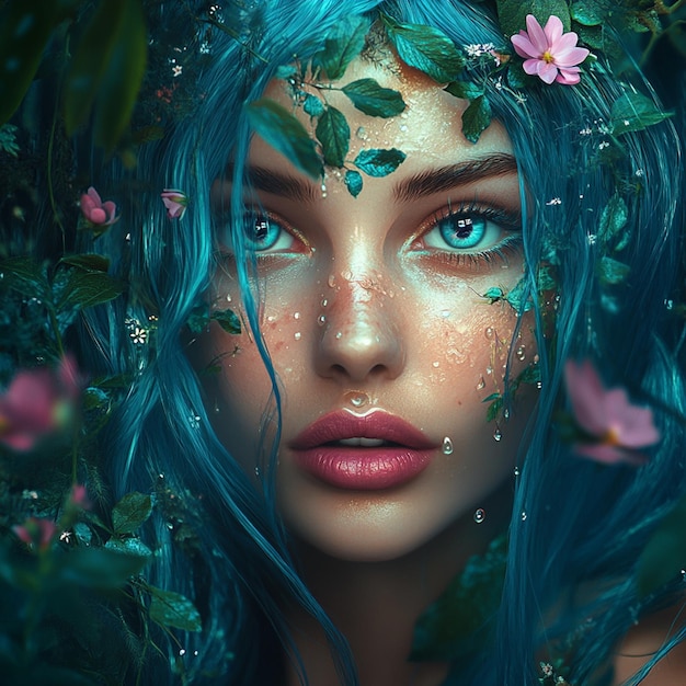 Beautiful woman with blue hair and flowers in her eyes